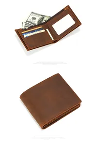 Detailed view of brown crazy horse leather wallet with multiple card slots and cash pocket