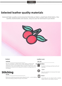 Detail of pink PU leather coin purse with cherry embroidery and lychee grain texture