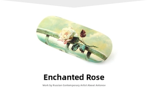 Detail of oil painting rose pattern on oval eyewear case with canvas texture