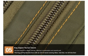 Dettaglio del marsupio in nylon verde militare con cerniera robusta e cuciture arancioni