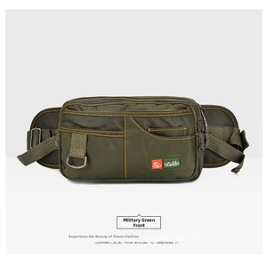 Marsupio in nylon verde militare con tasche multiple e cuciture arancioni