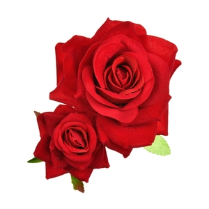 Elegant double red velvet rose hair clip with green leaves on white background