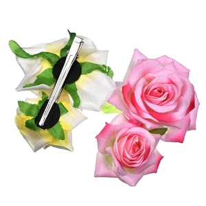 Double velvet rose flower hair clip in pink and yellow with metal duckbill clamp