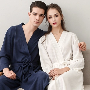 Waffle Bathrobe Thin Polyester Absorbent Sleepwear For Men Women Kimono V Neck Nightgown With Sash Pockets
