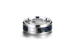 Detail view of 8mm stainless steel ring with blue black carbon fiber and Ichthys fish logo