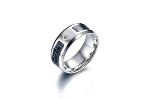 Detail of 8mm stainless steel ring with blue black carbon fiber and Ichthys fish symbol