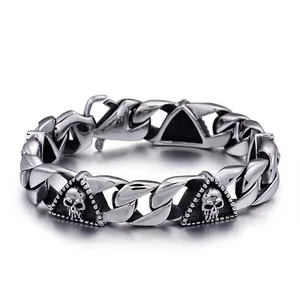 Men 316L Stainless Steel Skull Bracelet Heavy Cuban Link Curb Chain Punk Gothic Biker Jewelry Vintage