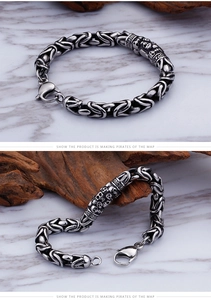 Macro shot of vintage titanium steel skull bracelet with Byzantine chain and retro patterns
