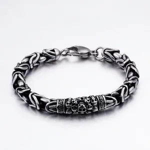 Men Vintage Gothic Skull Head Byzantine Chain Bracelet 316L Stainless Steel Punk Biker Jewelry With Greek Key Pattern