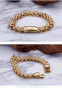 Detail of multi-layer gold woven chain bracelet with magnetic clasp on marble surface