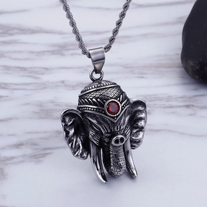 Titanium steel Ganesha elephant pendant necklace with red gemstone and rope chain