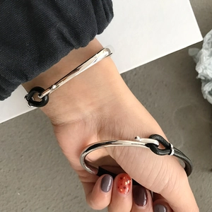 S925 sterling silver and black leather asymmetric hook bracelet for couples