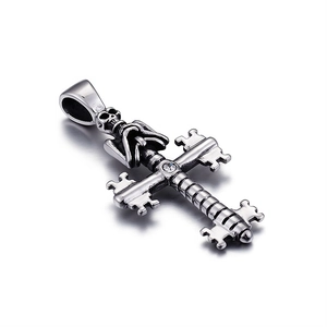 Gothic stainless steel skull and cross key pendant with vintage silver finish