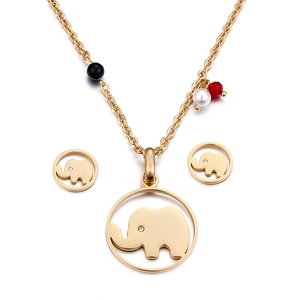 Parure collier et boucles d'oreilles dorés avec breloques éléphant et perles de couleur chic