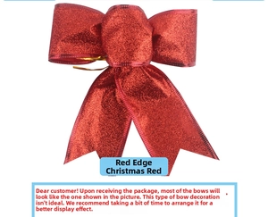Detail of red glitter Christmas bow with gold trim edge for tree and gift decoration
