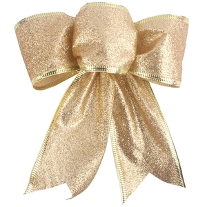 Golden glitter Christmas bow decoration for holiday trees and festive gift wrapping