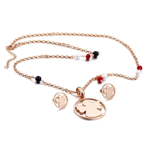 Rose gold angel jewelry set with necklace and stud earrings on white background