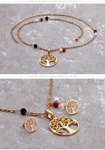 Detailed close-up of golden Tree of Life jewelry set with colored beads and matching earrings