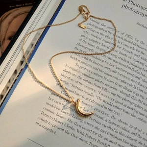 Detailed close-up of a 925 sterling silver gold moon necklace on an aesthetic book background