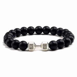 Men's black beaded yoga energy bracelet with silver dumbbell charm and LIVE LIFT engraving