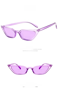 Detailed views of transparent purple cat eye sunglasses with tinted lenses from multiple angles