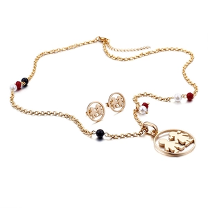 Gold stainless steel jewelry set featuring boy and girl pendant with colorful beads