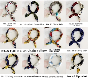 Collage of 12 printed square scarves featuring chain and cartoon patterns in various colors