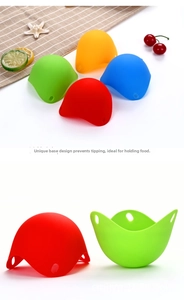 Macro view of food-grade silicone egg poachers with anti-tip tumbler base in four colors