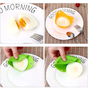 Detailed views of yellow and green silicone egg poachers on a breakfast dining table