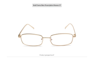 Vista frontal de gafas cuadradas de metal dorado con lentes transparentes, modelo C7