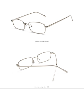 Detalle de montura cuadrada metálica de gafas de sol con patillas plateadas y lentes claras