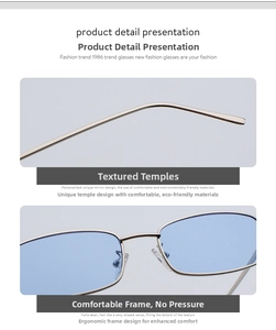 Detalle de las lentes azules y patillas metálicas de las gafas de sol cuadradas
