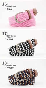 Detailed view of elastic woven belts in multi-colors with metal buckle, 100x2.5cm size
