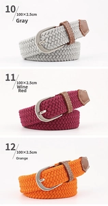 Detail view of 100cm x 2.5cm braided elastic belts in grey, burgundy, and orange colors