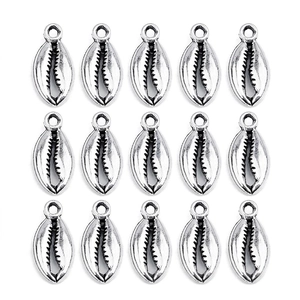 Macro shot of 15 vintage silver conch shell charms in a neat grid for DIY jewelry