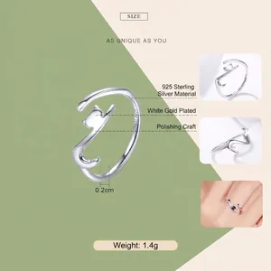 Minimalist S925 sterling silver open ring featuring a cute cat design with white gold plating