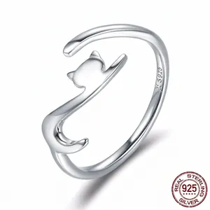 Cute S925 sterling silver cat open ring with minimalist stretching kitten design