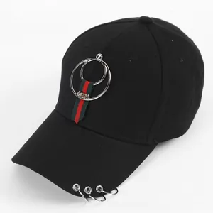 Close-up of black cotton baseball cap with silver rings and red-green striped webbing detail
