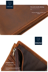 Detail of crazy horse leather wallet with precision stitching and polyester inner lining