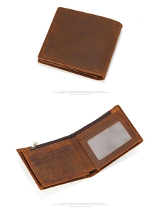 Detail view of vintage crazy horse leather wallet with card slots and zipper pocket
