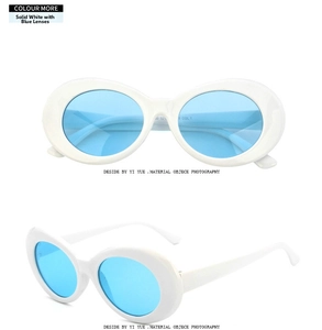Detailed view of retro oval sunglasses featuring white frames and light blue lenses