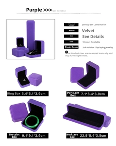Purple velvet jewelry gift boxes set with specific dimensions for rings and necklaces