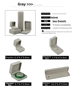 Detailed dimensions of grey velvet jewelry gift boxes for rings and necklaces