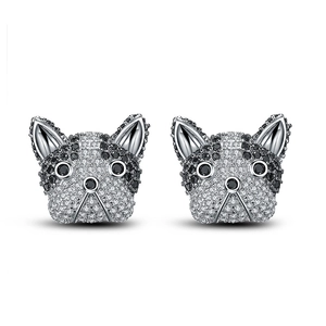 Cute bulldog puppy stud earrings in 925 sterling silver with sparkling zircon pavé