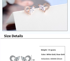 Detailed view of heart-shaped earrings in rose gold and white gold with AAAAA zircon stones