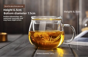 Detail view of a thick heat-resistant glass tea cup with strainer and lid for loose tea