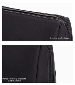 Détail d'une trousse à maquillage en nylon avec fermeture éclair et coutures précises