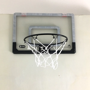 Detail of indoor mini basketball hoop with durable PP backboard and nylon net on wall