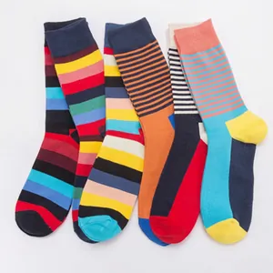 Five pairs of colorful striped cotton crew socks with vibrant patterns and ribbed cuffs