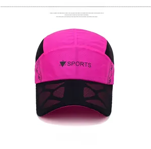 Detail view of quick-drying mesh sports baseball cap with Sports logo in rose red and black
